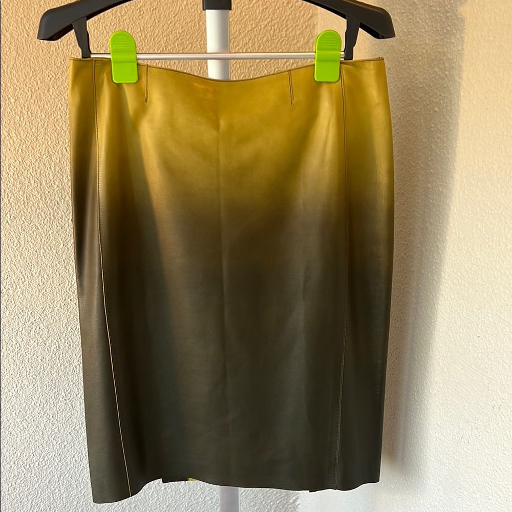 Anne Klein New York Yellow and Green Leather Knee-Length Pencil Skirt